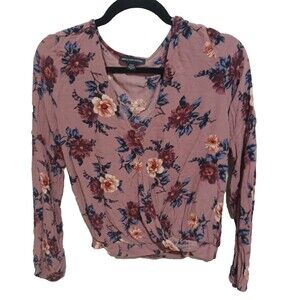 American Eagle Top Small Mauve Pink Floral Crossover Long Sleeve Blouse Womens M